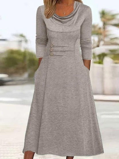 🍁【Ново пролетно поступление🔥】【S-3XL】👗 Елегантна едноцветна рокля с джобове и обло деколте