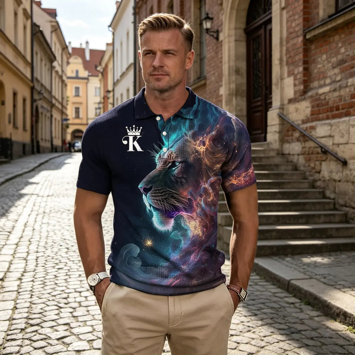 【S-6XL】Męska koszulka polo z nadrukiem 3D z lwem