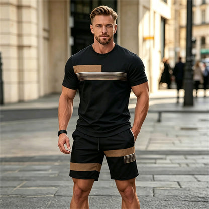✨Dwuczęściowy męski komplet sportowy, idealny na lato: wygodny T-shirt z krótkim rękawem i szorty.