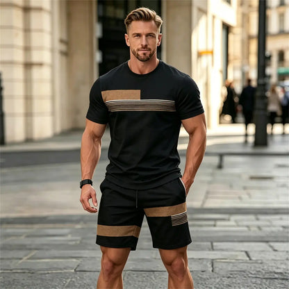 ✨Dwuczęściowy męski komplet sportowy, idealny na lato: wygodny T-shirt z krótkim rękawem i szorty.