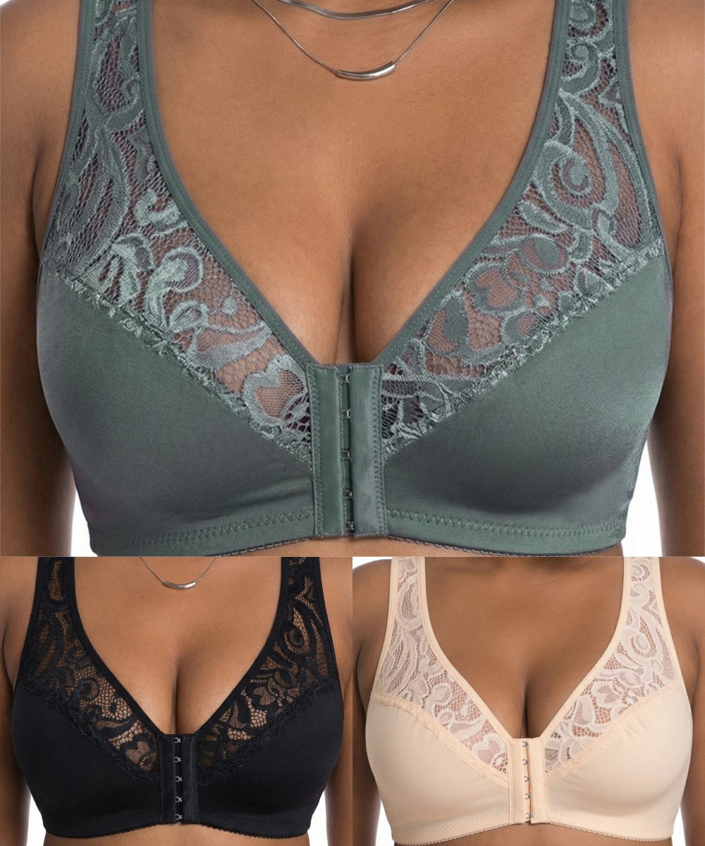 💖【Комплект от три части】【L-4XL】😍 Сутиен с пълнеж push-up, изящна дантела, дизайн push-up и кухина, закопчаване отпред