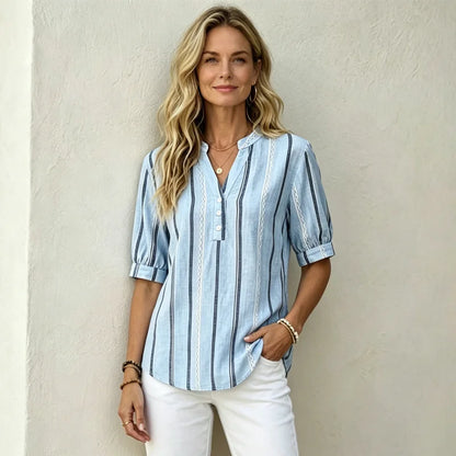 👚 【50% zniżki na oferty sezonowe】Letnia bluzka z krótkim rękawem wykonana z bawełny i lnu, w paski, z przewiewnego materiału
