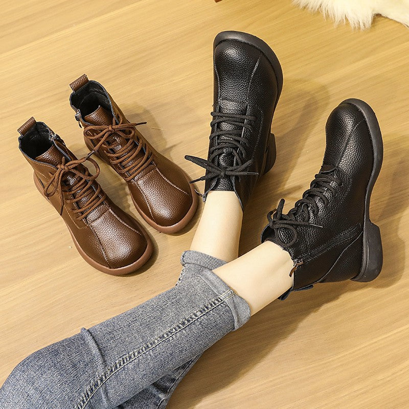 【35-40】Нови дамски кожени ботуши с ципове, високи и топли кожени ботуши с мека подметка