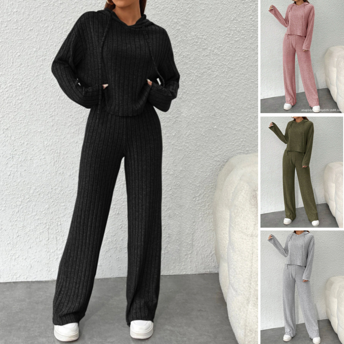 📢📢Zľava 50% 😍【40-90KG】Dámsky dvojdielny pletený top s kapucňou a nohavice so širokými nohavicami