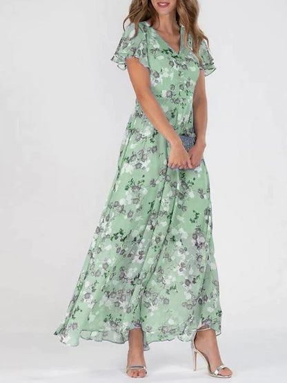 👗❤️【S-5XL】Стилна шифонена рокля с V-образно деколте и флорални волани✅【40-95 кг】