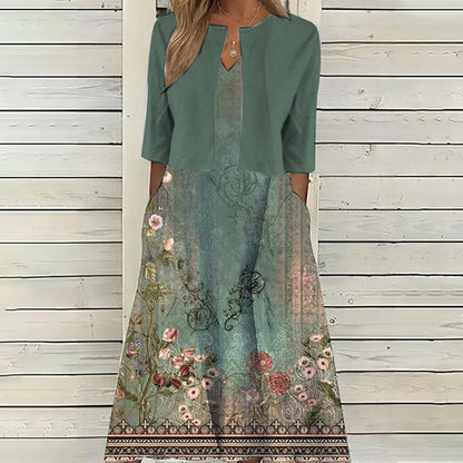 🌸【Długa sukienka z dekoltem w serek + płaszcz】🌸Elegancki dwuczęściowy komplet z kardiganem w etnicznym wzorze