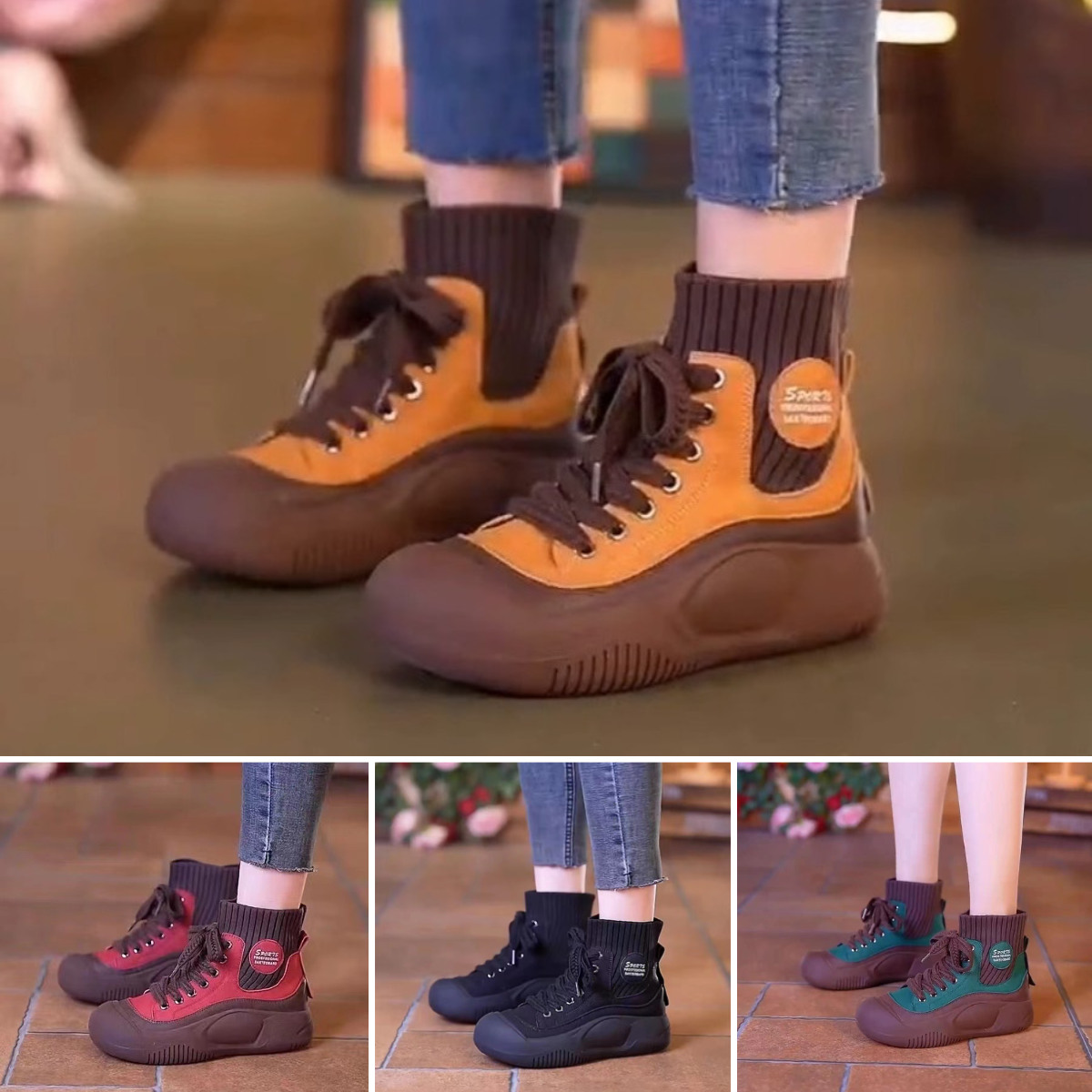 💟【50% zľava】【35-40】Jesenné/zimné ležérne topánky v britskom štýle v retro štýle so stredným strečom, módne priedušné členkové čižmy, vysoké pletené dámske čižmy z elastickej bavlny so šnurovaním