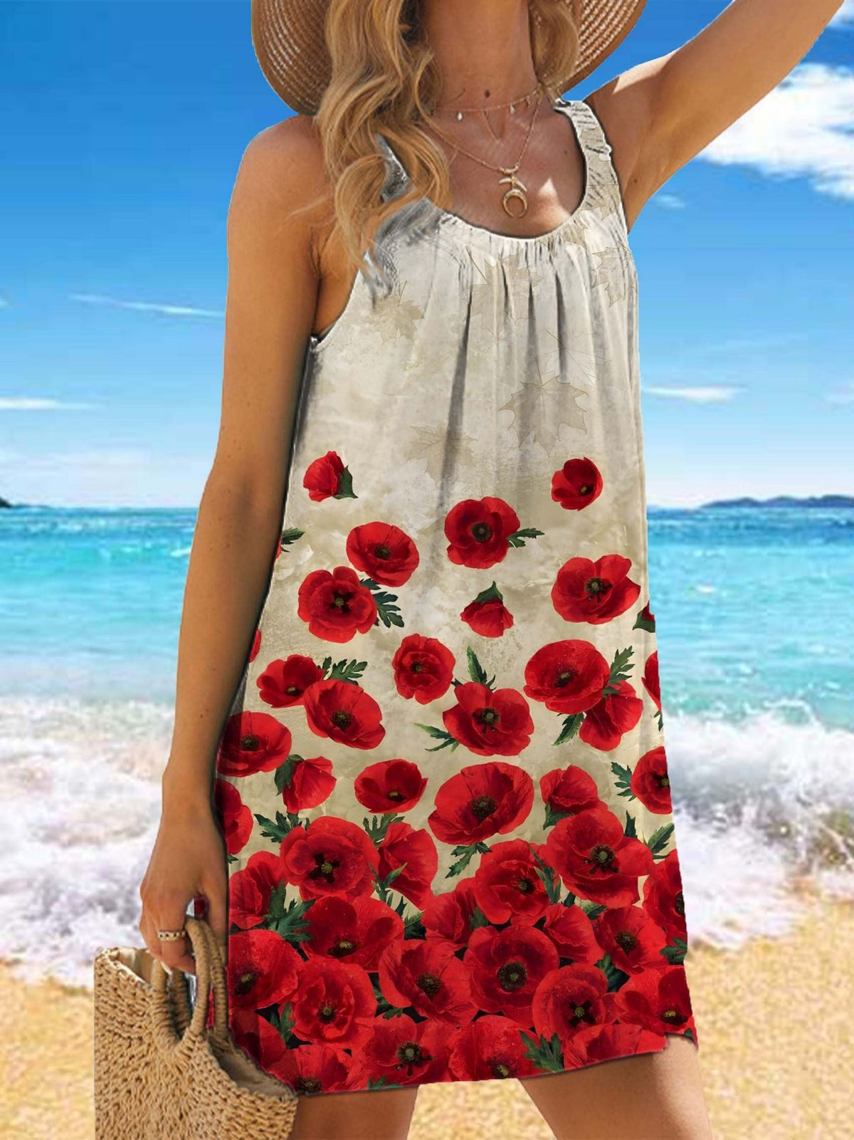 🎁【50% popust】✨🌊【S-5XL】Modna poletna obleka z naramnicami, cvetličnim potiskom