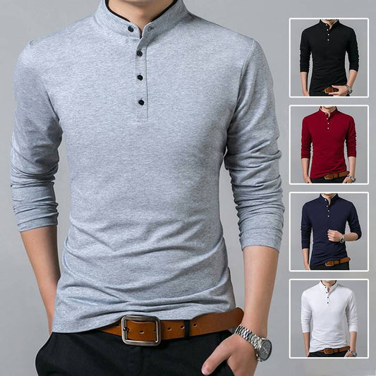【M-4XL】Pánske bavlnené tričko so stojačikom a módnym zapínaním na gombíky.