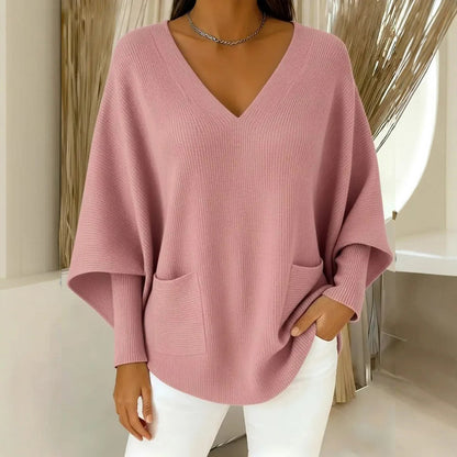 【M-4XL】Нов дамски плетен пуловер, свободна кройка, с джобове, едноцветен и V-образно деколте.
