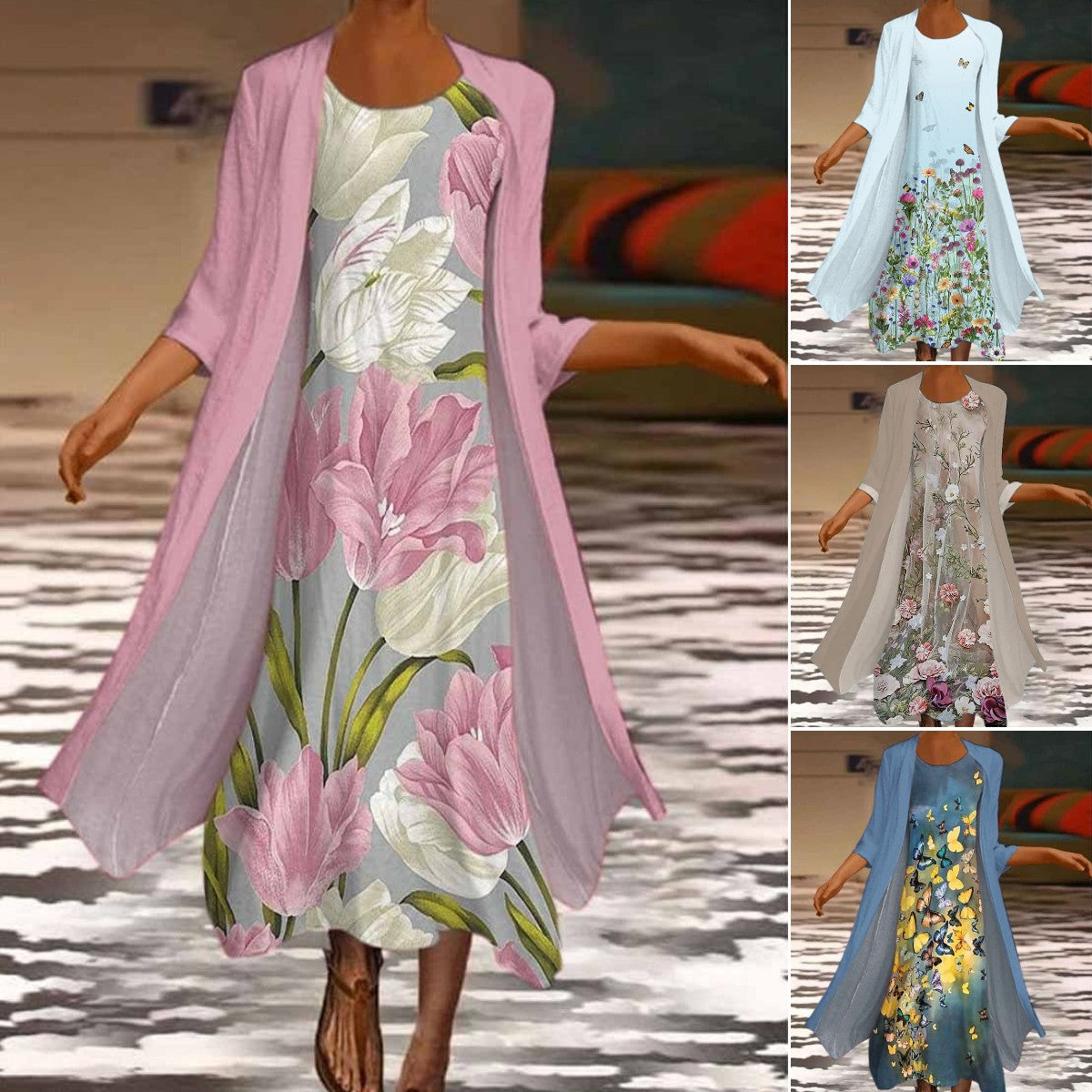 🌻 Descuento -50% 🔥🔥【40-120 kg】Nuevo vestido de mujer con estampado floral, vestido de dos piezas con escote redondo ✅Pago contra entrega