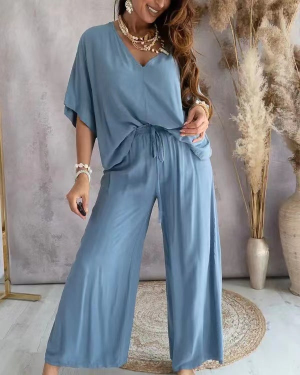 💕🥰【S-3XL】Комплект от топ с къс ръкав и широки панталони с V-образно деколте, свободен и прилепващ