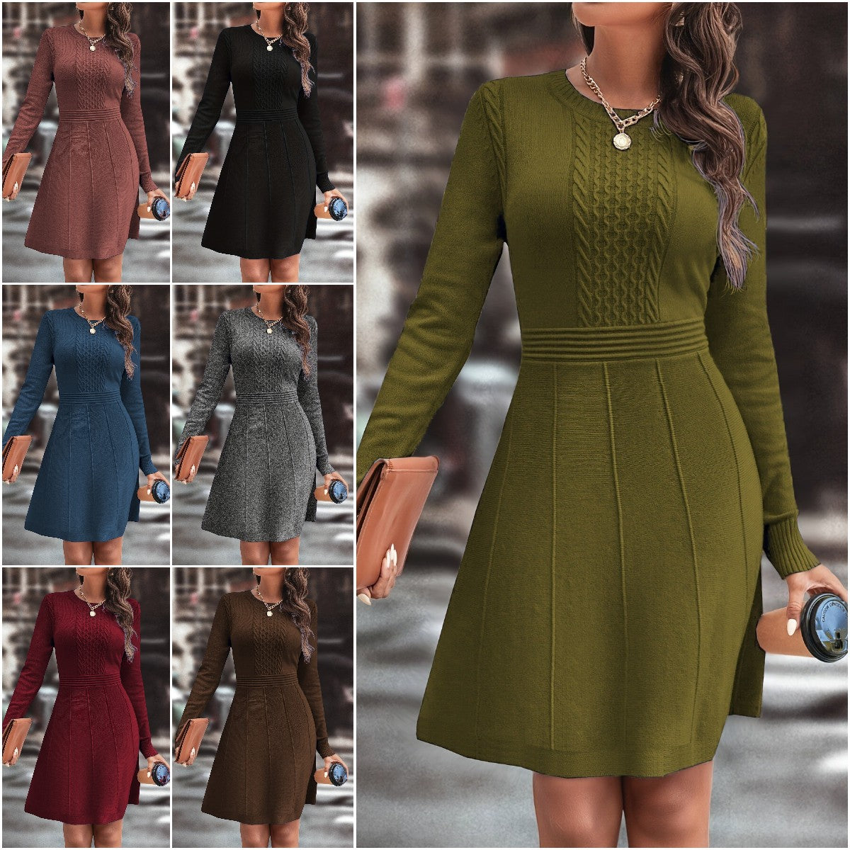 🍁🍂Ženska jesensko/zimska pletena obleka, elegantna in preprosta enobarvna pletena obleka slim krojem in okroglim izrezom