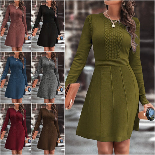 🍁🍂Ženska jesensko/zimska pletena obleka, elegantna in preprosta enobarvna pletena obleka slim krojem in okroglim izrezom