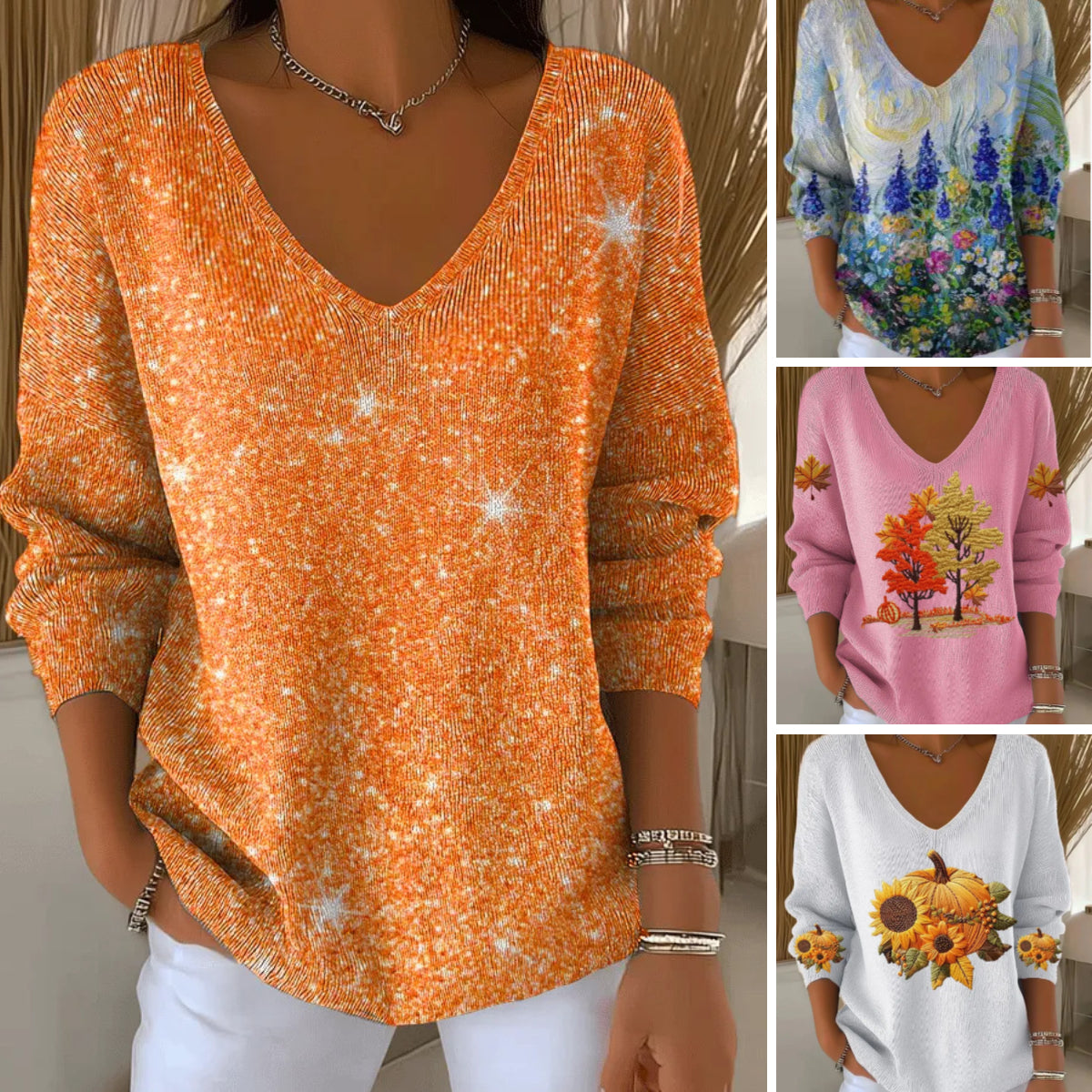 🔥【50% zľava】【S-5XL】Nový dámsky pulóver s dlhým rukávom a výstrihom do V s 3D digitálnou potlačou