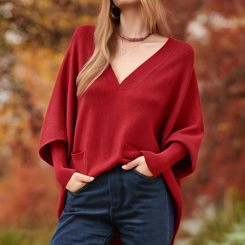 【M-4XL】Нов дамски плетен пуловер, свободна кройка, с джобове, едноцветен и V-образно деколте.