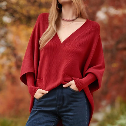 【M-4XL】Нов дамски плетен пуловер, свободна кройка, с джобове, едноцветен и V-образно деколте.