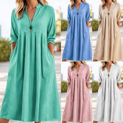 💃【50% отстъпка】【S-3XL】Нова модна рокля с V-образно деколте в ретро стил, от смес от памук и лен