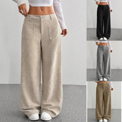👖👖【50% отстъпка】Нови дамски ежедневни кадифени панталони, с висока талия, много джобове, свободна кройка, дълги до пода и широки крачоли