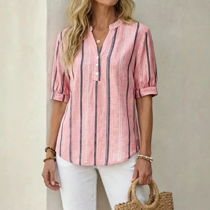 👚 【50% zľava na sezónne ponuky】Letná pruhovaná blúzka s krátkym rukávom z bavlny a ľanu z priedušného materiálu