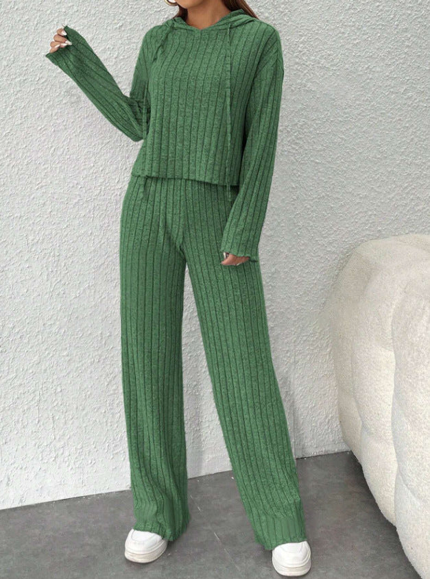 📢📢Zľava 50% 😍【40-90KG】Dámsky dvojdielny pletený top s kapucňou a nohavice so širokými nohavicami