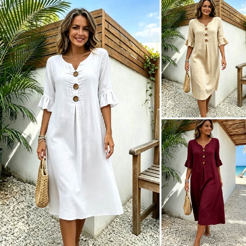 50% zniżki 👗✨ 【S-3XL】Damska sukienka z bawełny i lnu, bufiaste rękawy, zapięcie na guziki