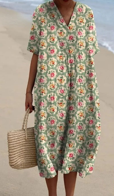 【50% POPUSTA】🔥【Vroča razprodaja】👗👗【S-5XL】Modna obleka z digitalnim potiskom in V-izrezom 2025