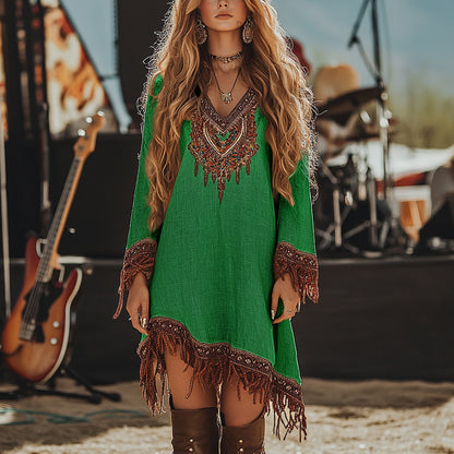 【50% kedvezmény】🎉【S-3XL】Retró mintás és bojtos női ruha