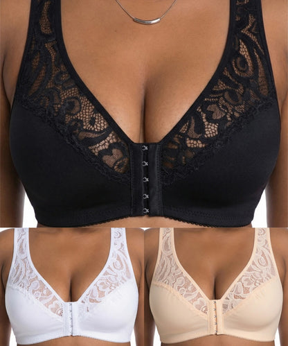 💖【Комплект от три части】【L-4XL】😍 Сутиен с пълнеж push-up, изящна дантела, дизайн push-up и кухина, закопчаване отпред