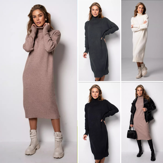 👗 Nov zimski stil, elegantna pletena obleka z visokim ovratnikom, moderna in prefinjena.