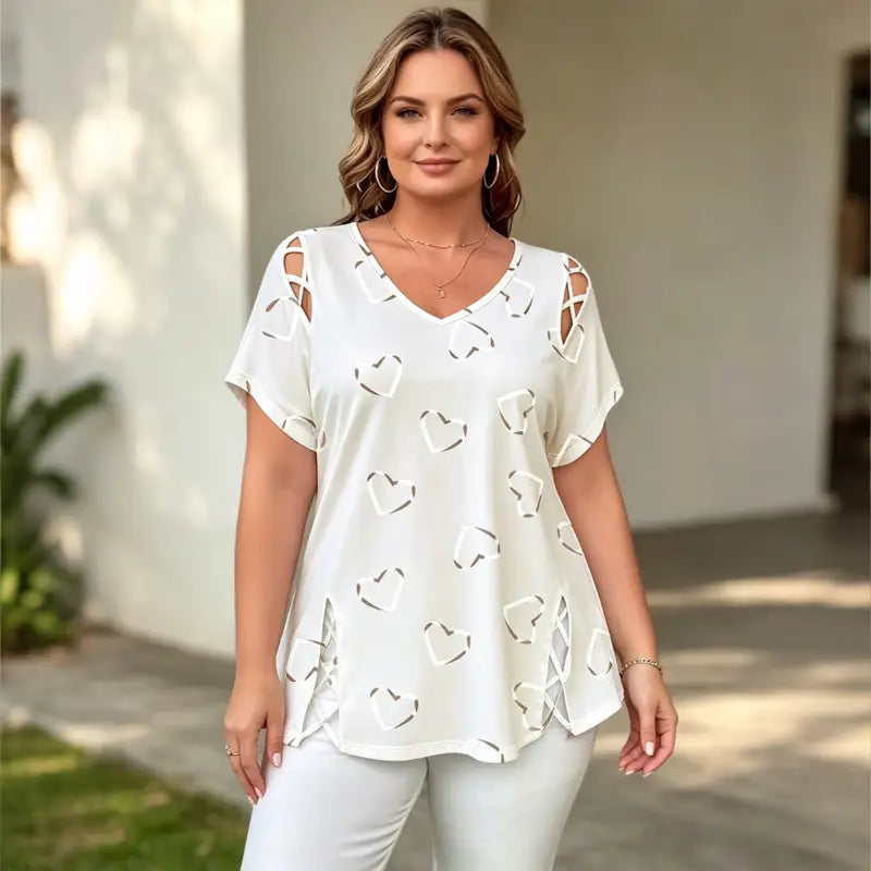 👚【S-5XL】Camiseta de cuello en V a la moda con un recorte en forma de corazón