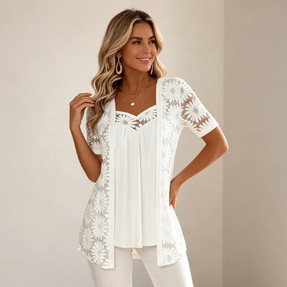 👚 Elegantný sieťovaný top 2 v 1 s čipkou – tvaruje a zoštíhľuje bruško, dostupný v 5 farbách, veľkostiach S–4XL! 🌸✨