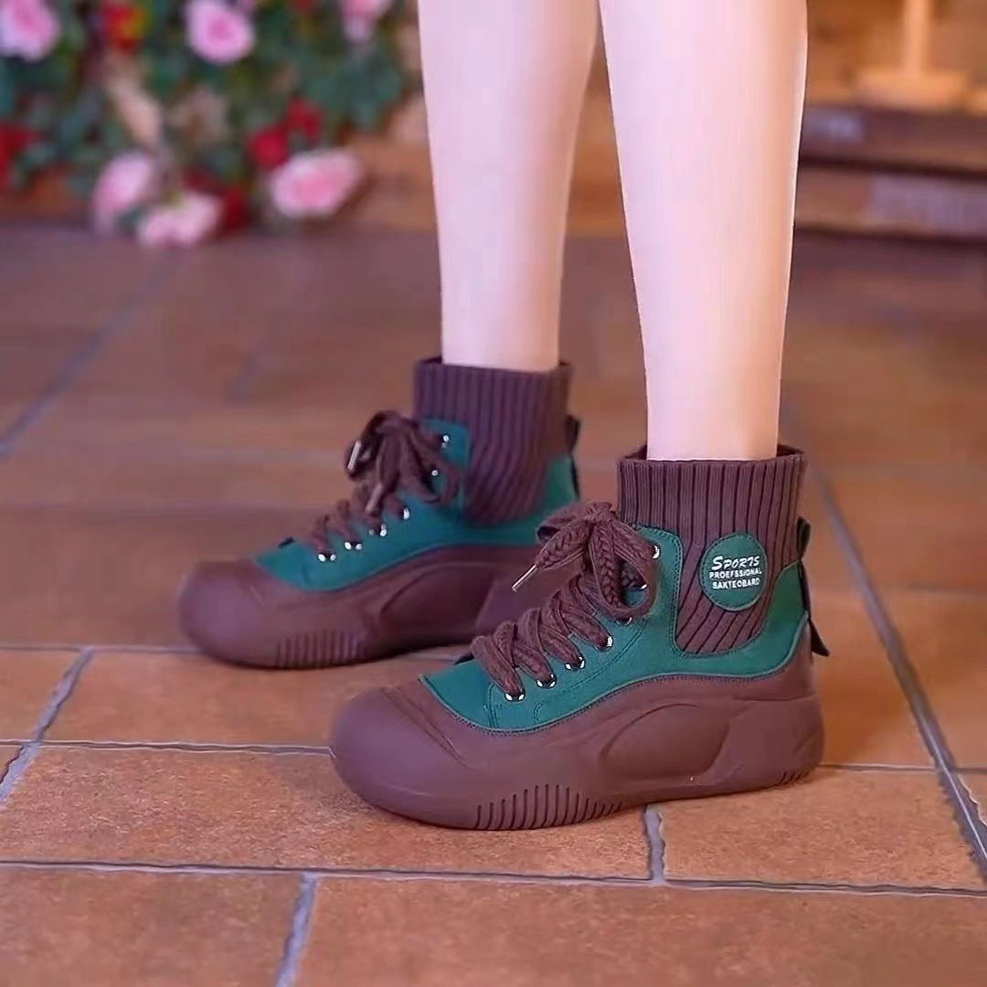 💟【50% zľava】【35-40】Jesenné/zimné ležérne topánky v britskom štýle v retro štýle so stredným strečom, módne priedušné členkové čižmy, vysoké pletené dámske čižmy z elastickej bavlny so šnurovaním