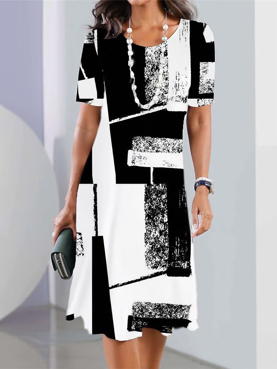 👗【50% отстъпка】【XS-5XL】👗Модна рокля с щампа и обло деколте за големи размери 2026