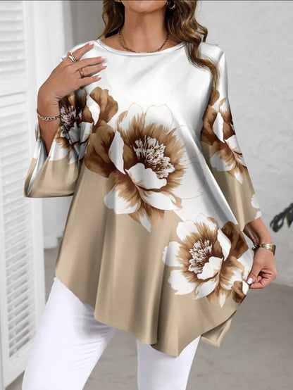 ✨✨[L-5XL] Нов ежедневен универсален дамски топ за големи размери с тениска с кръгло деколте и щампа по цялата повърхност (различни цветове и размери)
