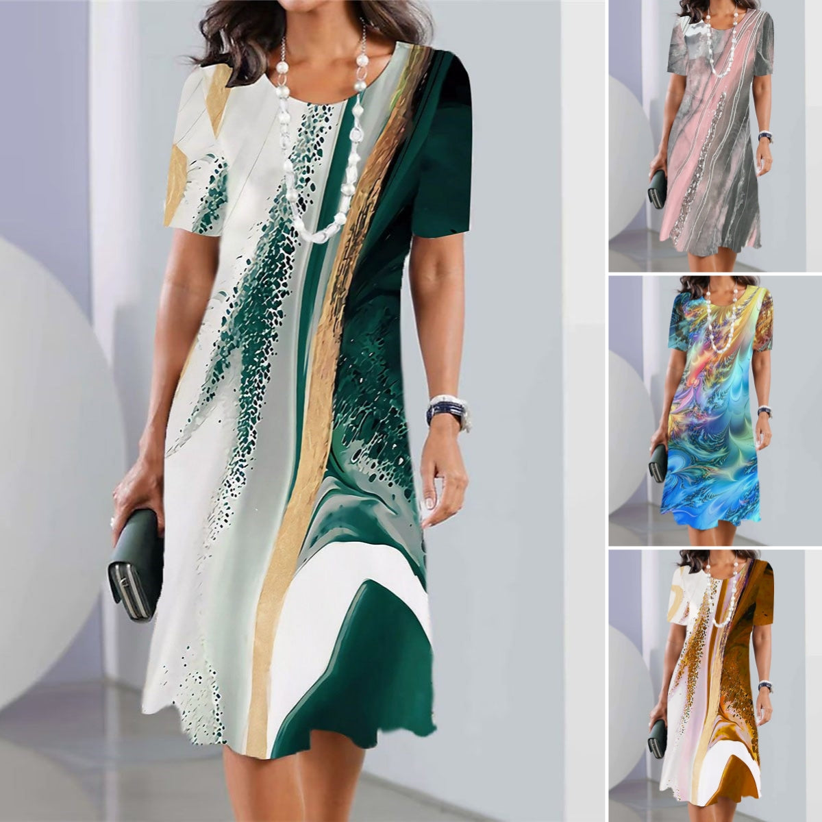 🔥【30% REDUCERE】【XS-5XL】🍂🍂Rochie midi nouă de primăvară și vară cu imprimeu, decolteu rotund și mânecă lungă