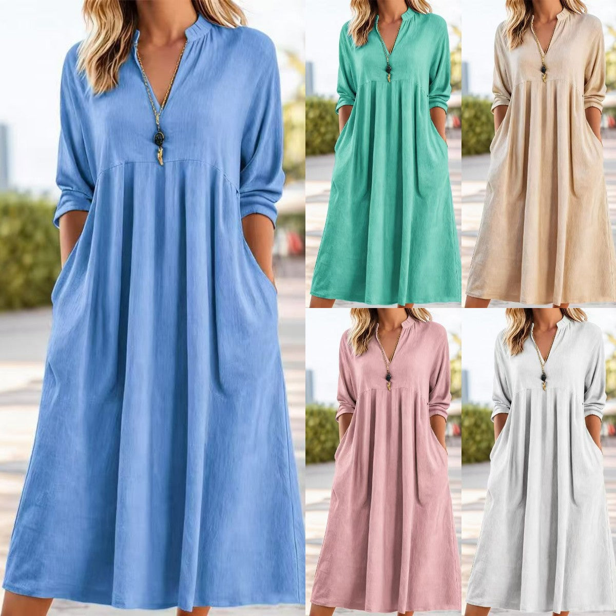 💃【50% отстъпка】【S-3XL】Нова модна рокля с V-образно деколте в ретро стил, от смес от памук и лен