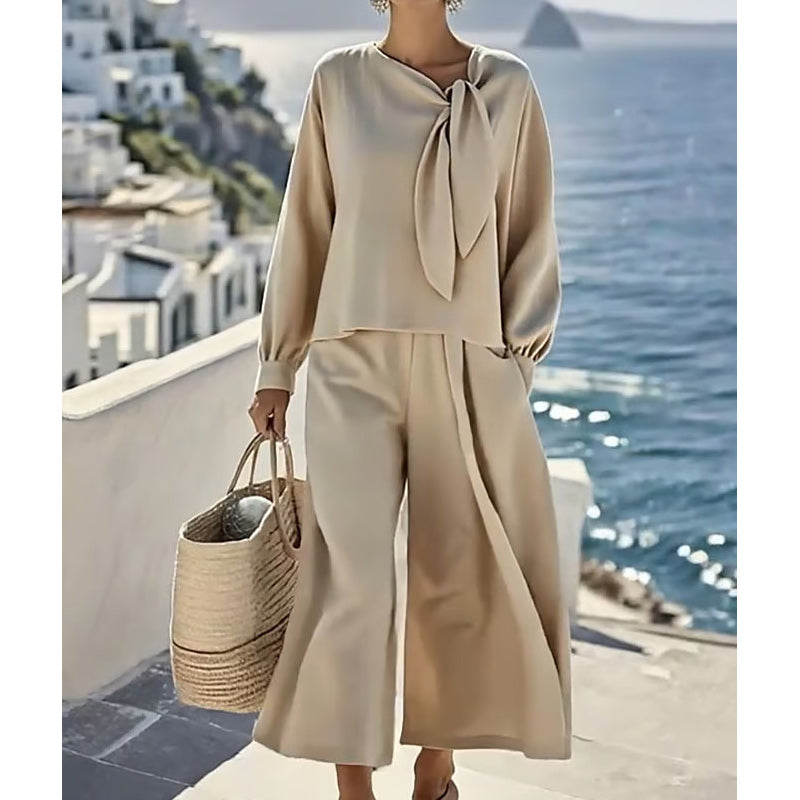 【S-3XL】【40-100KG】👚👖Νέο γυναικείο μοντέρνο, casual μονόχρωμο μακρυμάνικο τοπ και παντελόνι, σετ δύο τεμαχίων✨