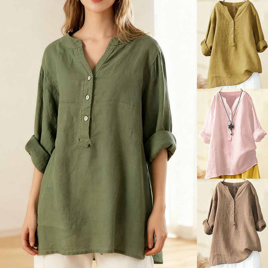 🔥👚【S-5XL】Нова пролетна едноцветна риза-кардиган, топ от памук и лен с дълъг ръкав и свободна яка, закопчаващ се с копчета