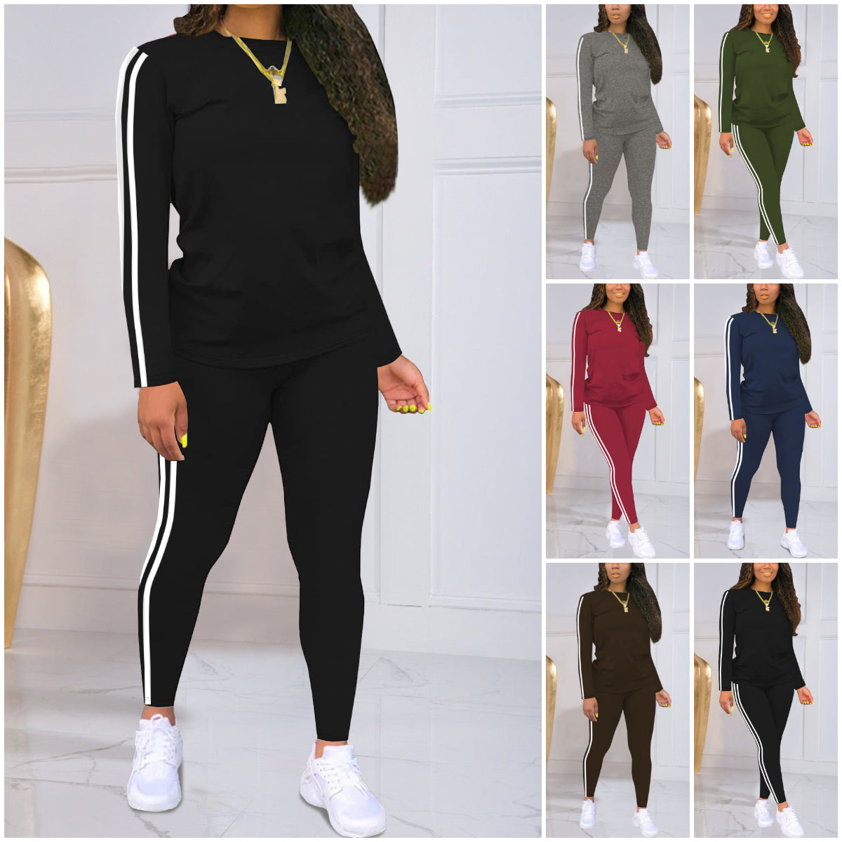 🍁50% zľava🍂 Dámsky pruhovaný dvojdielny set s dlhým rukávom a nohavicami Ležérny, štýlový a pohodlný, ideálny pre každodenné nosenie vonku.