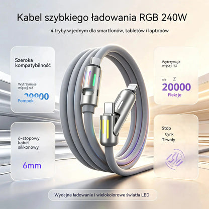 🔥 (2 m długości) 4-w-1 kabel do szybkiego ładowania PD 240 W – obsługuje szybkie ładowanie USB-C, Lightning i USB-A; wykonany ze stopu aluminium i silikonu; obsługuje synchronizację danych ⚡📱