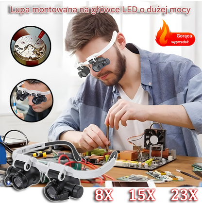 🔍Lupa z okularami 8x, 15x i 23x z oświetleniem LED. Nadaje się do narzędzi mechanicznych, naprawy zegarków, grawerowania i wyceny antycznej biżuterii.