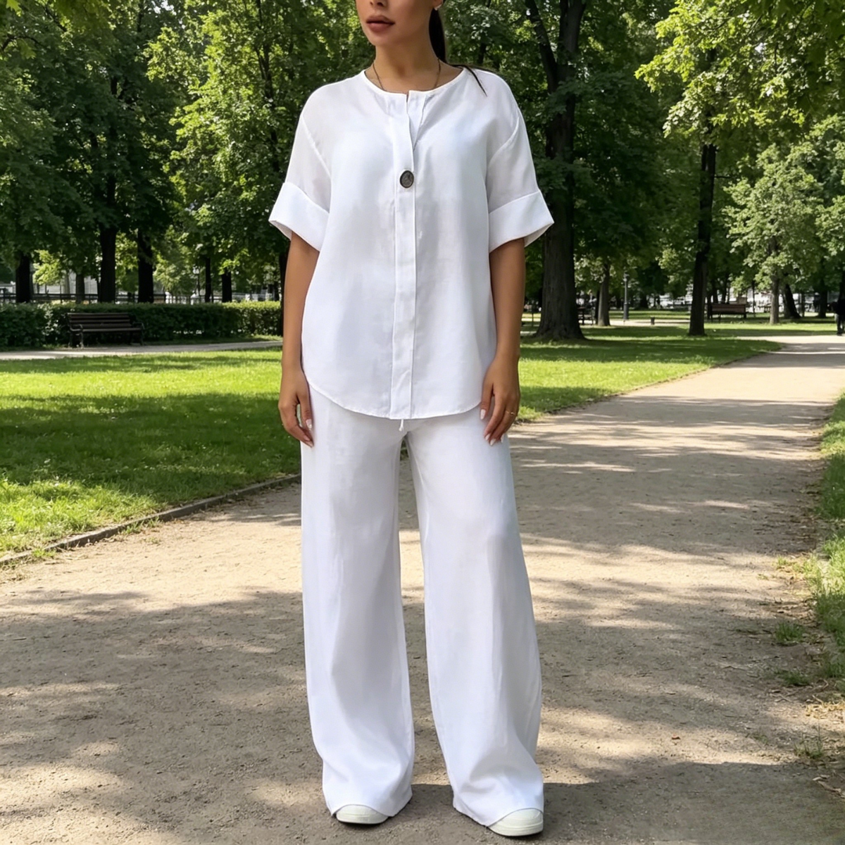 🔥🥋【S-5XL】【Тениска + Панталон】Лек, дишащ и елегантен дамски комплект, който не изисква съчетаване. Предлага се в множество цветове.