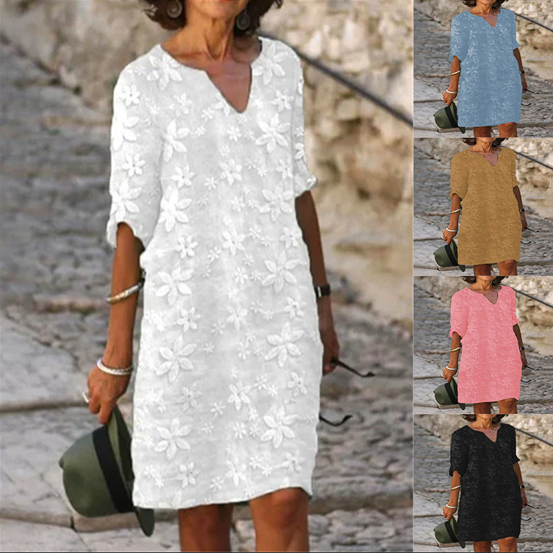 ✨✨【M-5XL】Enobarvna potiskana bombažna in lanena obleka, elegantna in modna,Na voljo več velikosti