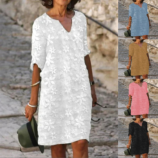 ✨✨【M-5XL】Enobarvna potiskana bombažna in lanena obleka, elegantna in modna,Na voljo več velikosti