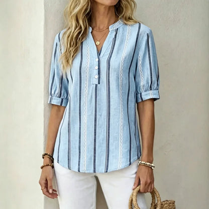 👚 【50% zľava na sezónne ponuky】Letná pruhovaná blúzka s krátkym rukávom z bavlny a ľanu z priedušného materiálu
