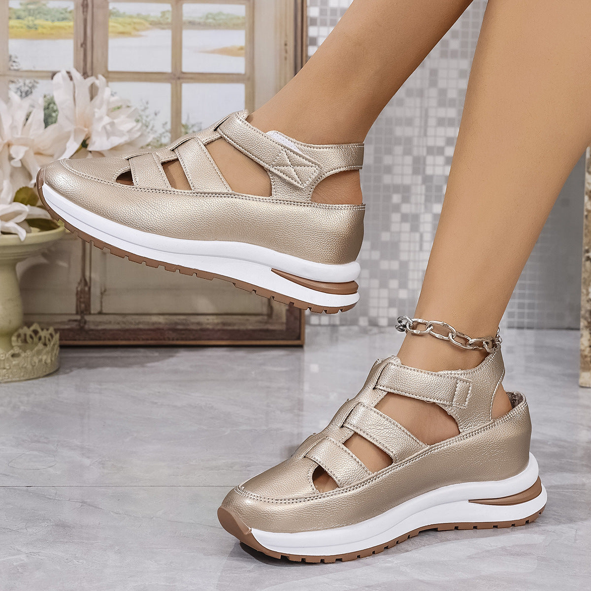 ✨50% de descuento✨【36-43】Sandalias de mujer de tallas grandes 2026, nuevas sandalias romanas de cuña a la moda con cierre de velcro. ✅Pago contra entrega