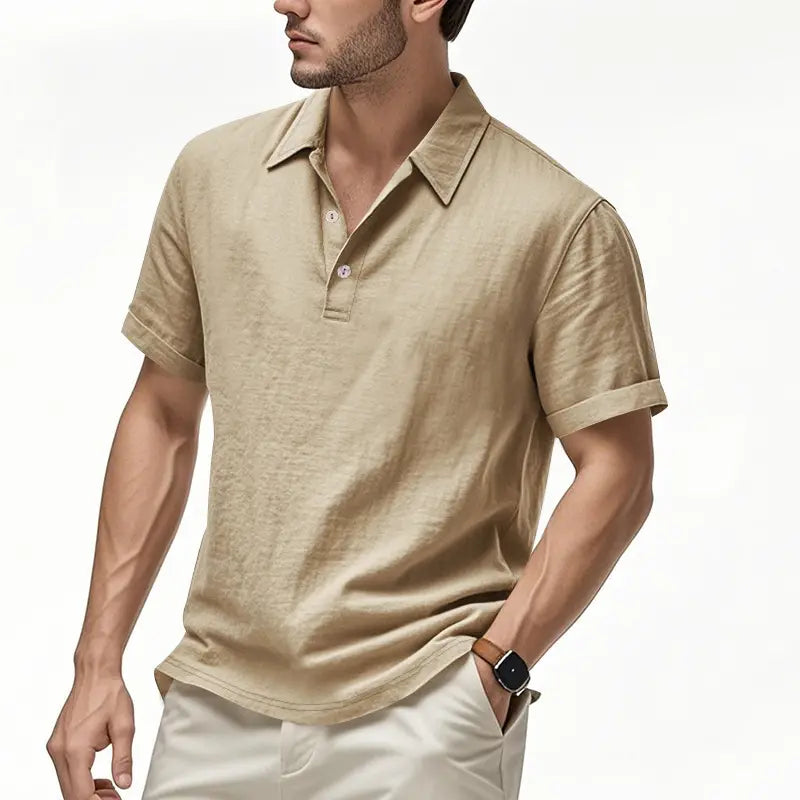 🌿👔【40-100kg】 Męska luźna lniana koszulka polo z kołnierzykiem i krótkim rękawem
