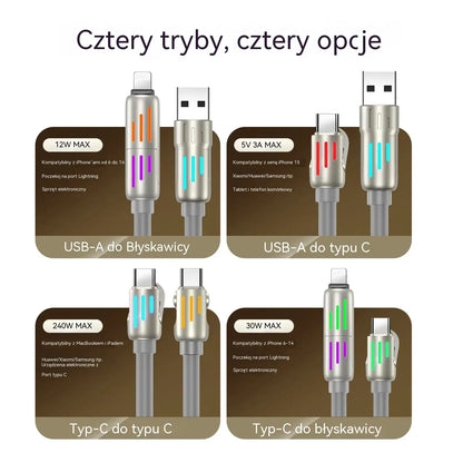 🔥 (2 m długości) 4-w-1 kabel do szybkiego ładowania PD 240 W – obsługuje szybkie ładowanie USB-C, Lightning i USB-A; wykonany ze stopu aluminium i silikonu; obsługuje synchronizację danych ⚡📱