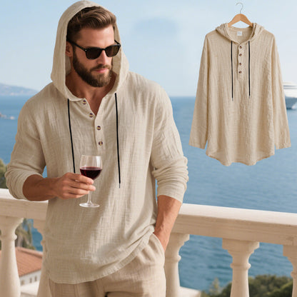 👔50% de descuento🏆【40-100kg】Camisa Henley de manga larga con capucha, transpirable y de lino para hombre, de corte holgado, ideal para la playa.✅Pago contra entrega ✅Pago contra entrega